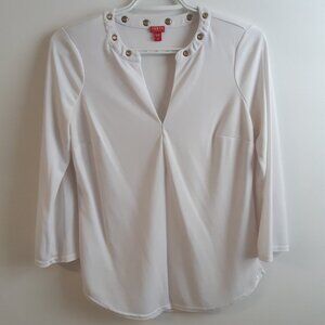 Guess Blouse White Lightly Sheer 3/4 Sleeve Metal Eyelet Neckline Size Small